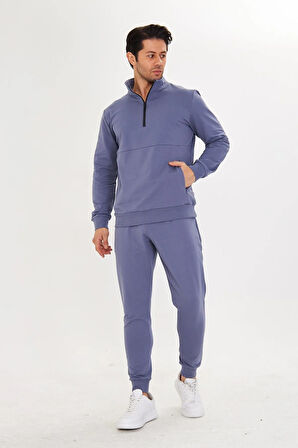 Yarım Fermuarlı Pamuklu Erkek Eşofman Takımı Siyah 5709-S