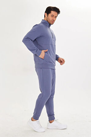 Yarım Fermuarlı Pamuklu Erkek Eşofman Takımı Siyah 5709-S