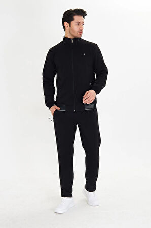 Pamuklu Tam Fermuarlı Erkek Eşofman Takımı Siyah 5751-S