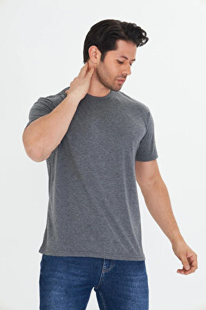 Erkek Büyük Beden Pamuklu Bisiklet Yaka Tişört Antrasit 5014B-A