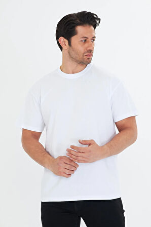 Erkek Pamuklu Bisiklet Yaka Oversize Tişört Mavi 5015-M