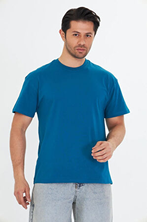 Erkek Pamuklu Bisiklet Yaka Oversize Tişört Mavi 5015-M