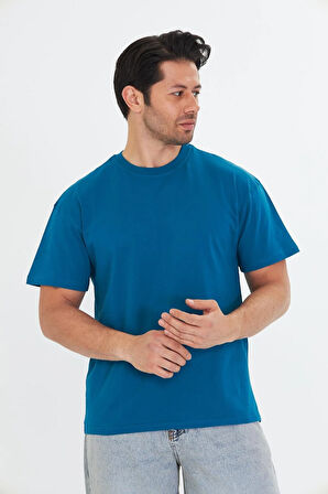 Erkek Pamuklu Bisiklet Yaka Oversize Tişört Mavi 5015-M