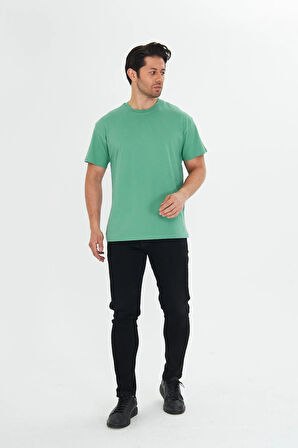 Erkek Pamuklu Bisiklet Yaka Oversize Tişört Mavi 5015-M