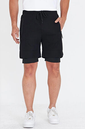 Erkek Taytlı Fermuarlı Cepli Spor Şort Siyah 5807-S