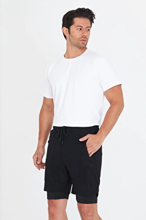 Erkek Taytlı Fermuarlı Cepli Spor Şort Siyah 5807-S