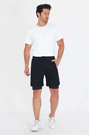 Erkek Taytlı Fermuarlı Cepli Spor Şort Siyah 5807-S