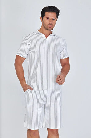 Erkek Yakalı Çizgili Polycotton T-shirt Şort İkili Takım Bej 5733-B
