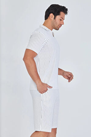 Erkek Yakalı Çizgili Polycotton T-shirt Şort İkili Takım Bej 5733-B