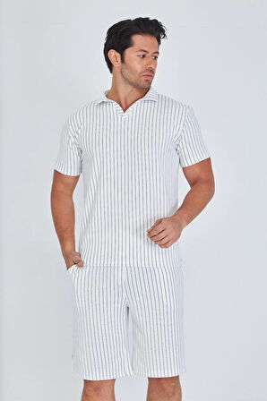 Erkek Yakalı Çizgili Polycotton T-shirt Şort İkili Takım Bej 5733-B