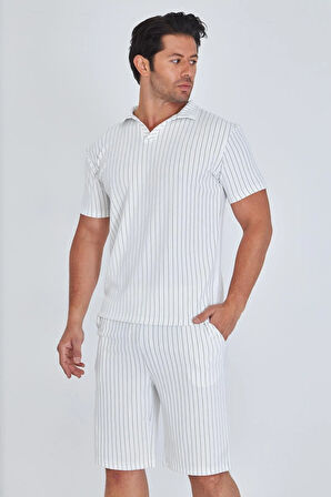 Erkek Yakalı Çizgili Polycotton T-shirt Şort İkili Takım Bej 5733-B