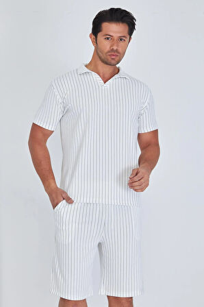 Erkek Yakalı Çizgili Polycotton T-shirt Şort İkili Takım Bej 5733-B