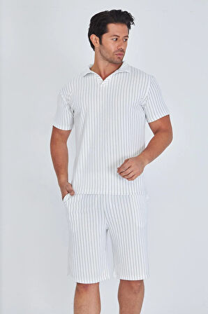 Erkek Yakalı Çizgili Polycotton T-shirt Şort İkili Takım Bej 5733-B