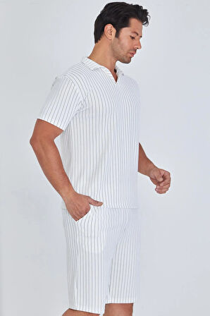 Erkek Yakalı Çizgili Polycotton T-shirt Şort İkili Takım Bej 5733-B