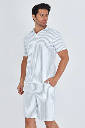 Erkek Yakalı Çizgili Polycotton T-shirt Şort İkili Takım Bej 5733-B