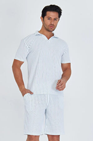 Erkek Yakalı Çizgili Polycotton T-shirt Şort İkili Takım Bej 5733-B