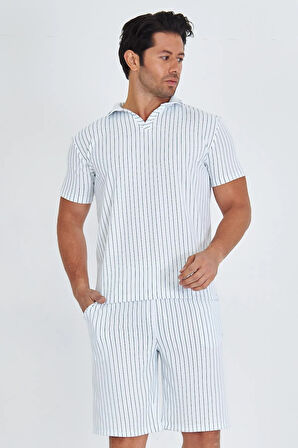 Erkek Yakalı Çizgili Polycotton T-shirt Şort İkili Takım Bej 5733-B