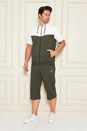 Erkek Pamuklu Kapüşonlu Kapri Takım Ekru / Haki 7501-E.H.