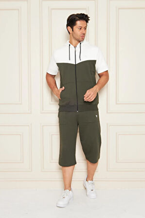 Erkek Pamuklu Kapüşonlu Kapri Takım Ekru / Haki 7501-E.H.