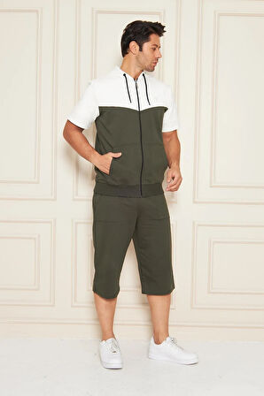 Erkek Pamuklu Kapüşonlu Kapri Takım Ekru / Haki 7501-E.H.