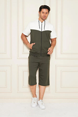 Erkek Pamuklu Kapüşonlu Kapri Takım Ekru / Haki 7501-E.H.