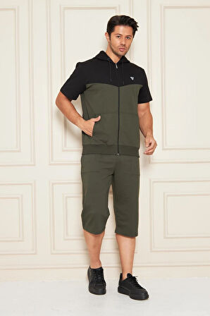 Erkek Pamuklu Kapüşonlu Kapri Takım Ekru / Haki 7501-E.H.