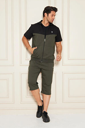 Erkek Pamuklu Kapüşonlu Kapri Takım Ekru / Haki 7501-E.H.