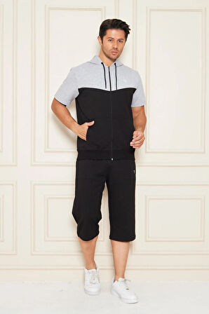 Erkek Pamuklu Kapüşonlu Kapri Takım Ekru / Haki 7501-E.H.