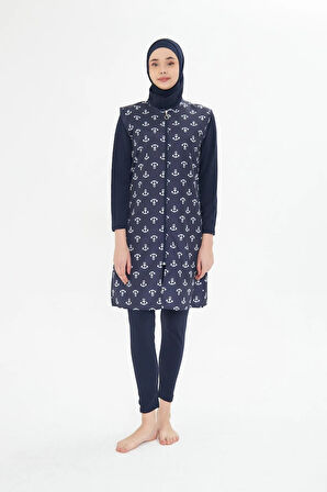 Tam Kapalı Yelekli Desenli Paraşüt Kumaş Tesettür Mayo Lacivert 3473-L