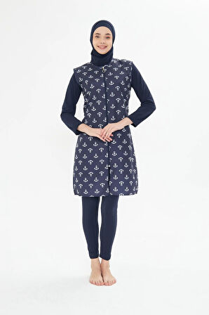 Tam Kapalı Yelekli Desenli Paraşüt Kumaş Tesettür Mayo Lacivert 3473-L