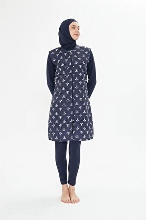 Tam Kapalı Yelekli Desenli Paraşüt Kumaş Tesettür Mayo Lacivert 3473-L
