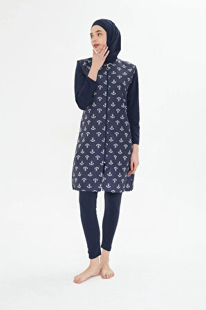 Tam Kapalı Yelekli Desenli Paraşüt Kumaş Tesettür Mayo Lacivert 3473-L