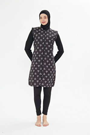 Tam Kapalı Yelekli Desenli Paraşüt Kumaş Tesettür Mayo Lacivert 3473-L