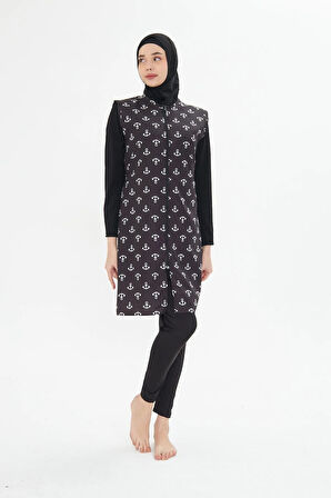 Tam Kapalı Yelekli Desenli Paraşüt Kumaş Tesettür Mayo Lacivert 3473-L