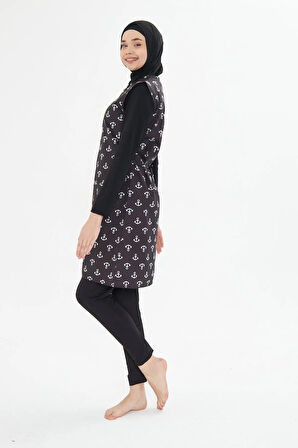 Tam Kapalı Yelekli Desenli Paraşüt Kumaş Tesettür Mayo Lacivert 3473-L