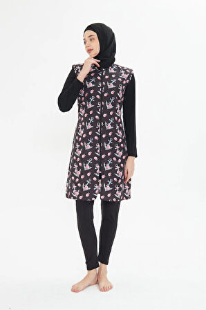 Tam Kapalı Yelekli Desenli Paraşüt Kumaş Tesettür Mayo Lacivert 3474-L