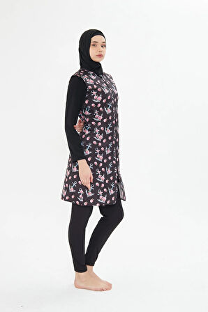 Tam Kapalı Yelekli Desenli Paraşüt Kumaş Tesettür Mayo Lacivert 3474-L