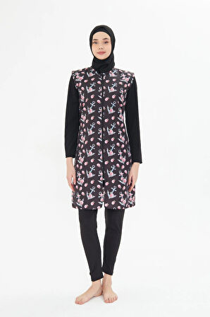 Tam Kapalı Yelekli Desenli Paraşüt Kumaş Tesettür Mayo Lacivert 3474-L