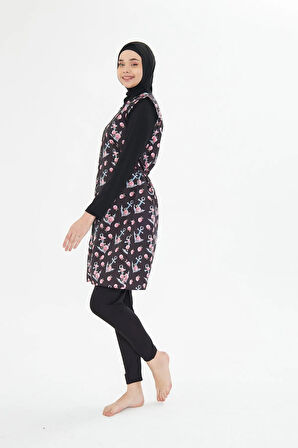 Tam Kapalı Yelekli Desenli Paraşüt Kumaş Tesettür Mayo Lacivert 3474-L