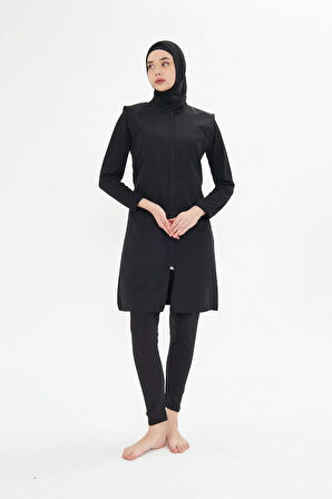 Tam Kapalı Yelekli Paraşüt Kumaş Tesettür Mayo Siyah 3476-S