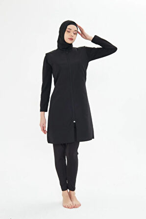 Tam Kapalı Yelekli Paraşüt Kumaş Tesettür Mayo Siyah 3476-S