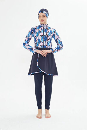 Tam Kapalı Likralı Desenli Etekli Tesettür Mayo Siyah 3481-S