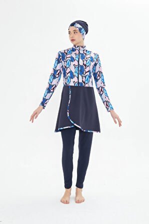 Tam Kapalı Likralı Desenli Etekli Tesettür Mayo Siyah 3481-S