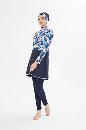 Tam Kapalı Likralı Desenli Etekli Tesettür Mayo Siyah 3481-S