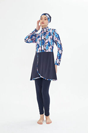 Tam Kapalı Likralı Desenli Etekli Tesettür Mayo Siyah 3481-S