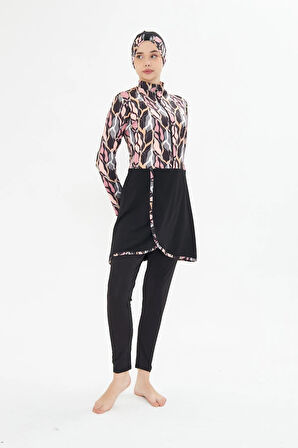 Tam Kapalı Likralı Desenli Etekli Tesettür Mayo Siyah 3481-S