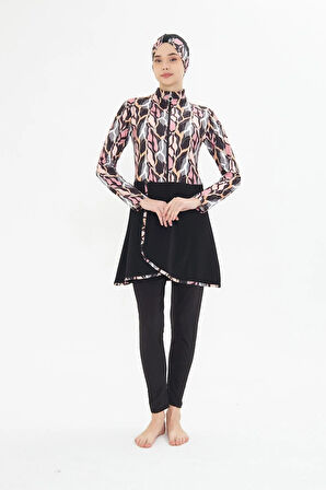 Tam Kapalı Likralı Desenli Etekli Tesettür Mayo Siyah 3481-S