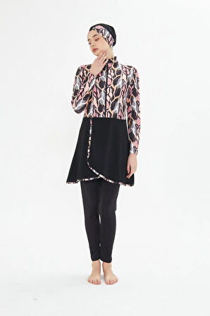 Tam Kapalı Likralı Desenli Etekli Tesettür Mayo Siyah 3481-S