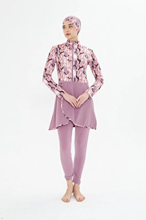 Tam Kapalı Likralı Desenli Etekli Tesettür Mayo Siyah 3481-S