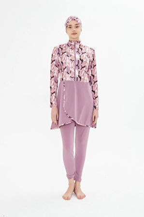 Tam Kapalı Likralı Desenli Etekli Tesettür Mayo Siyah 3481-S